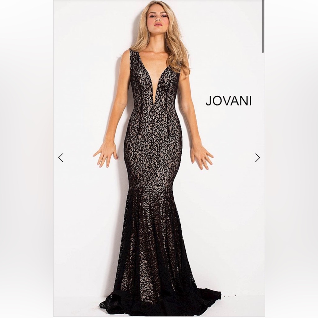 Jovani Black Lace Plunging Mermaid Prom Gown